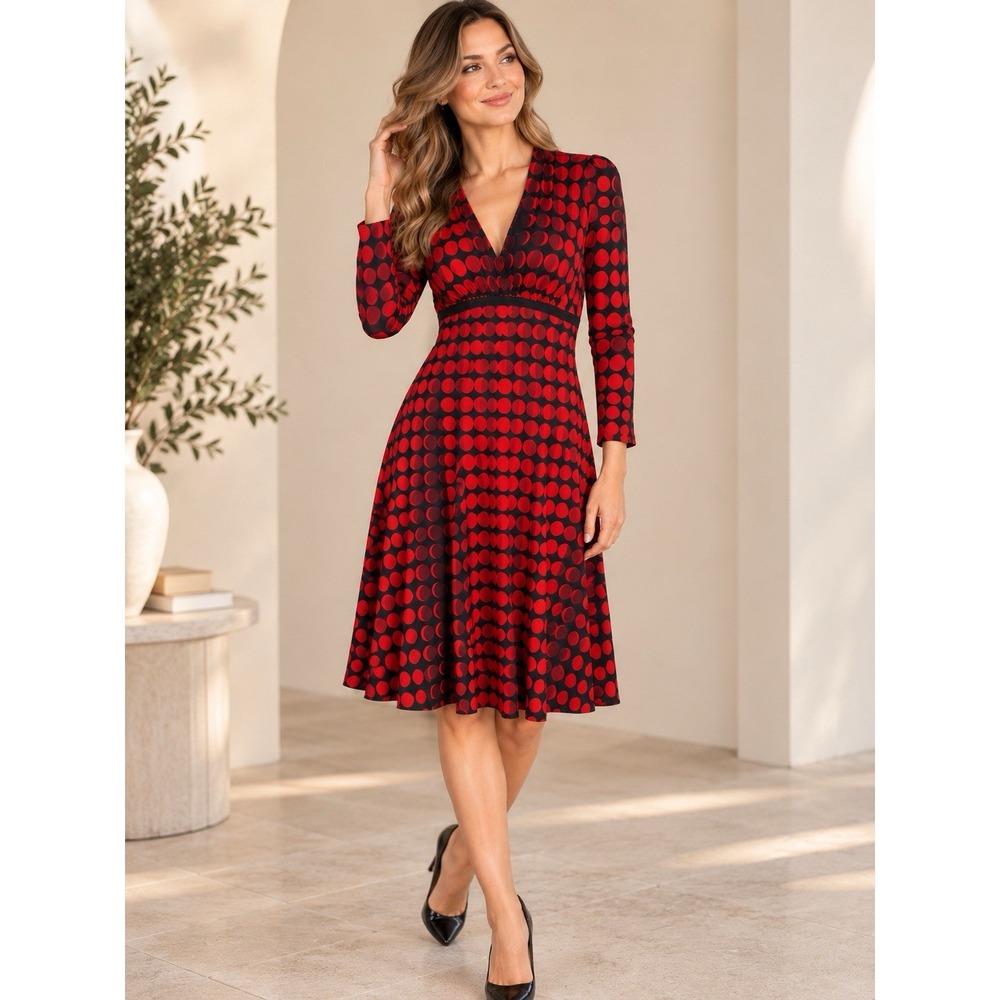 Donna Morgan Dress Size 4 Red Black Polka Dot Empire Waist V Neck Y2K -2485